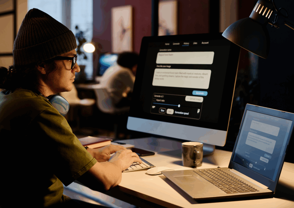 A man sits at a desk, typing on a laptop that displays an AI dashboard with graphs and icons.