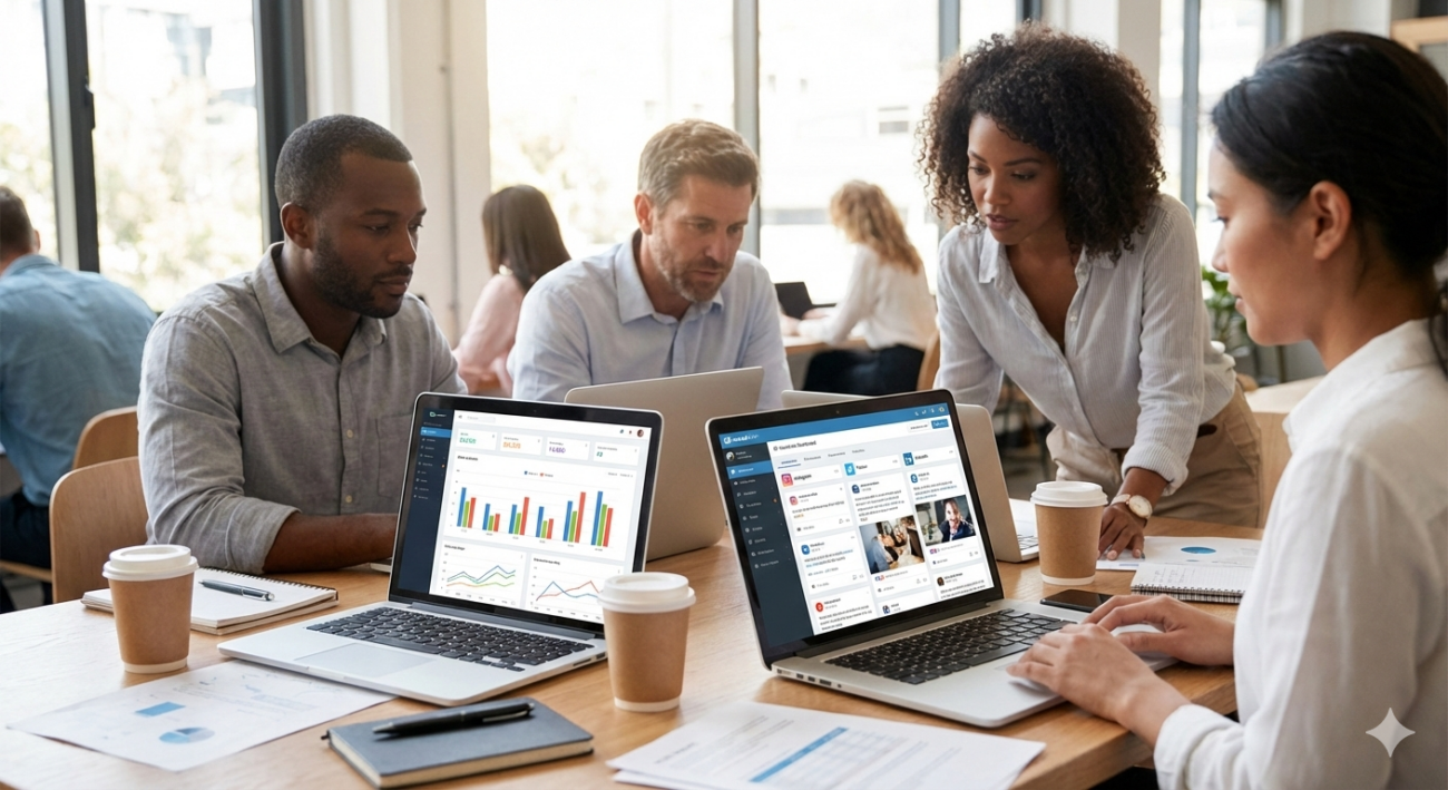 hyperrealistic photo of Teams collaborating over laptops with charts and social media screens visible.g.