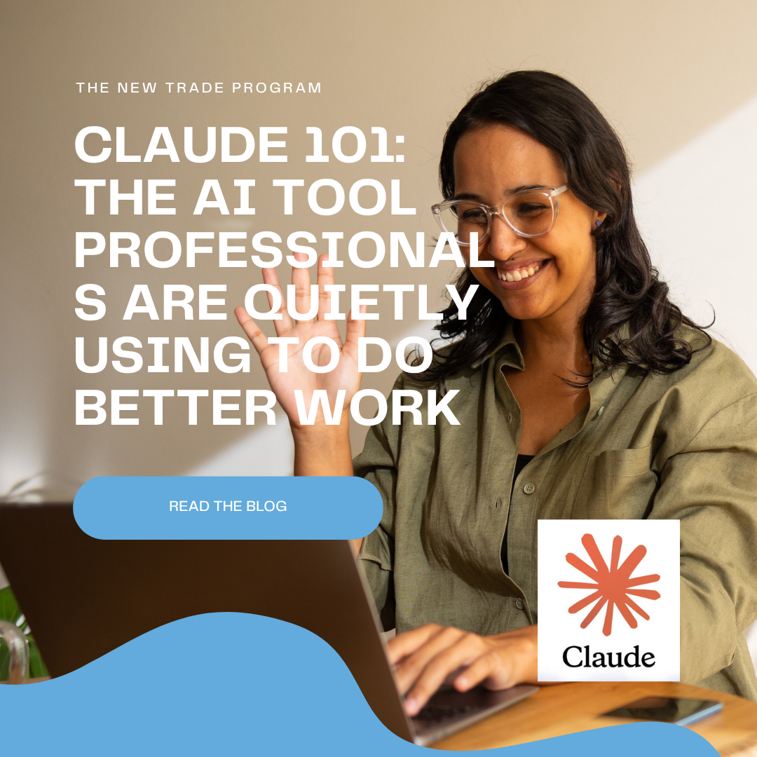 Professional using Claude AI on a laptop to organize ideas, create structured content, and build workflows. Blog cover for "Claude 101: The AI Tool Professionals Are Quietly Using to Do Better Work," highlighting AI-powered thinking, writing, and productivity.